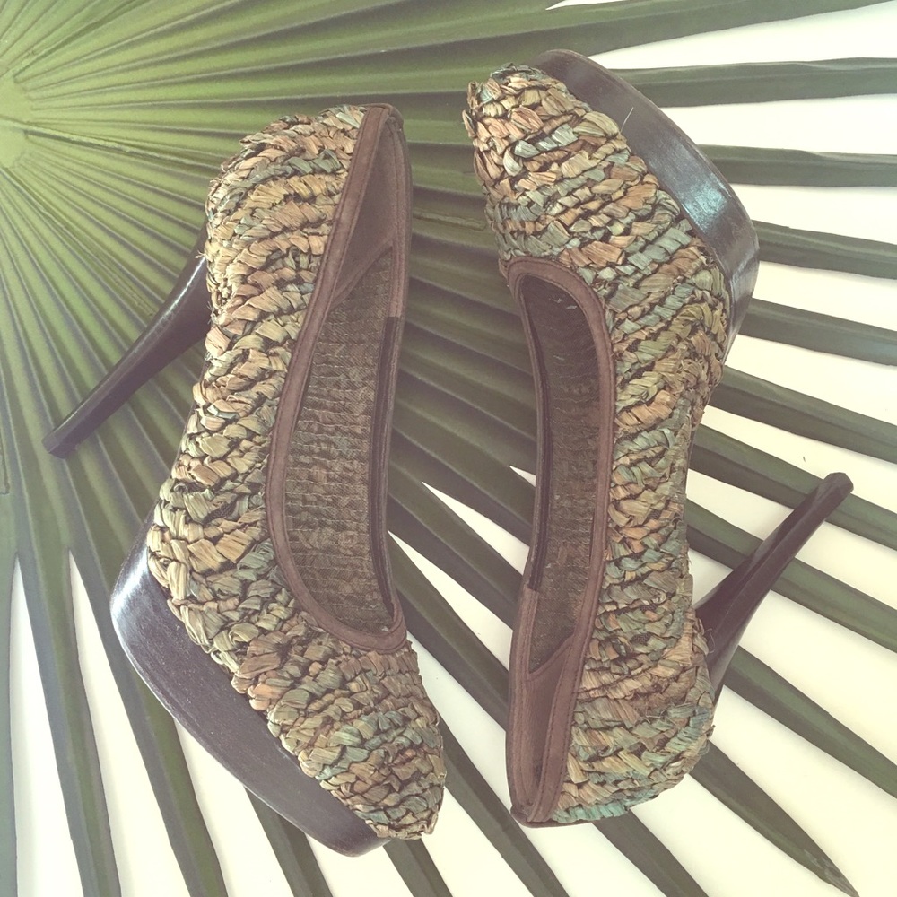 Stuart Weitzman, shimmery, raffia heel